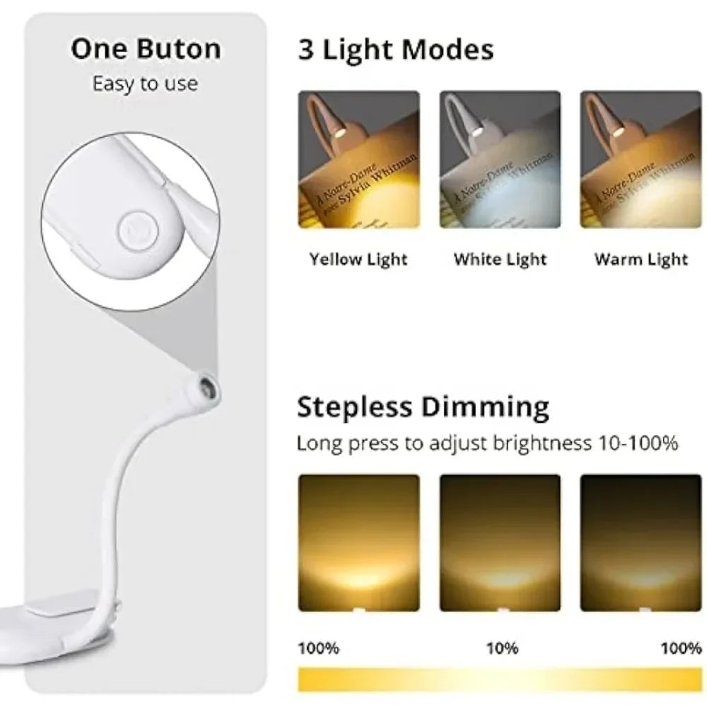 USB Rechargeable Book Light | 3 Colors & Stepless Dimming LED