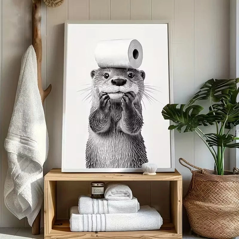 Black & White Cute Otter Canvas Wall Art Print | Home Decor