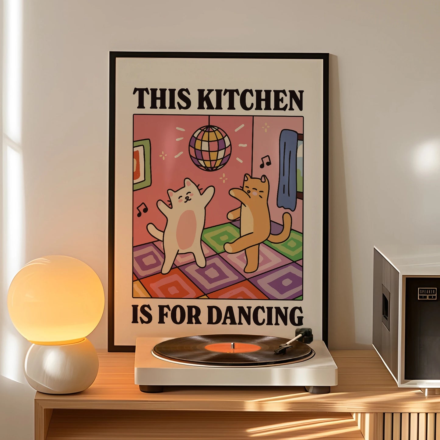 This Kitchen Is For Dancing Cartoon Cat Wall Art Prints Canvas Painting Poster Picture For Living Children Room Home Decor Gift Peaceful Pleasures Health and Wellness G3096 30x40cm Wood Framed