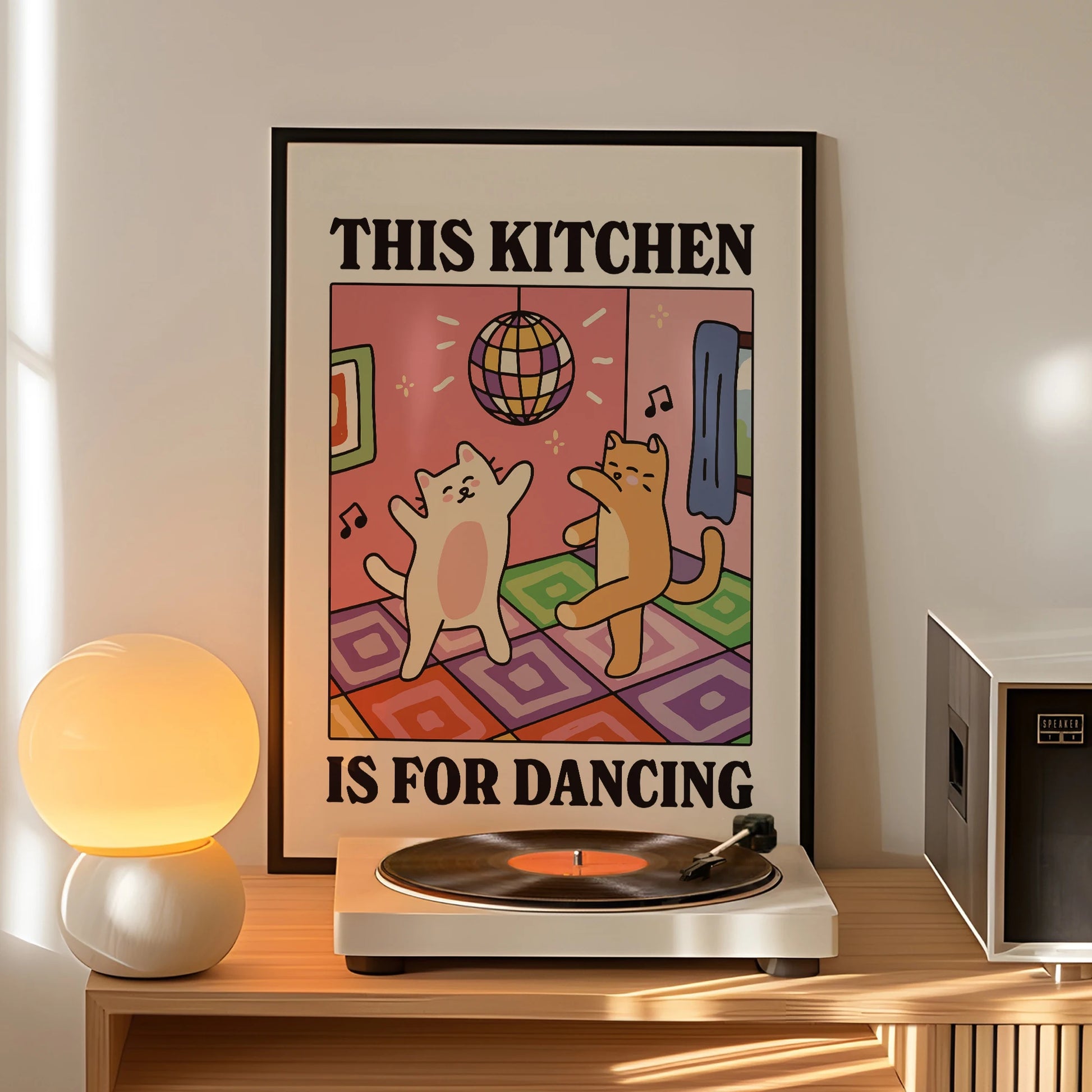 This Kitchen Is For Dancing Cartoon Cat Wall Art Prints Canvas Painting Poster Picture For Living Children Room Home Decor Gift Peaceful Pleasures Health and Wellness G3096 30x40cm Wood Framed