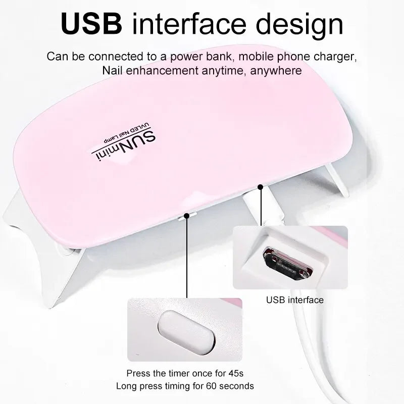 Mini 6W UV LED Nail Lamp Portable 6 LED Beads Gel Polish Dryer with USB Cable 45s/60s Timer Manicure Curing Light for Home Salon Peaceful Pleasures Health and Wellness