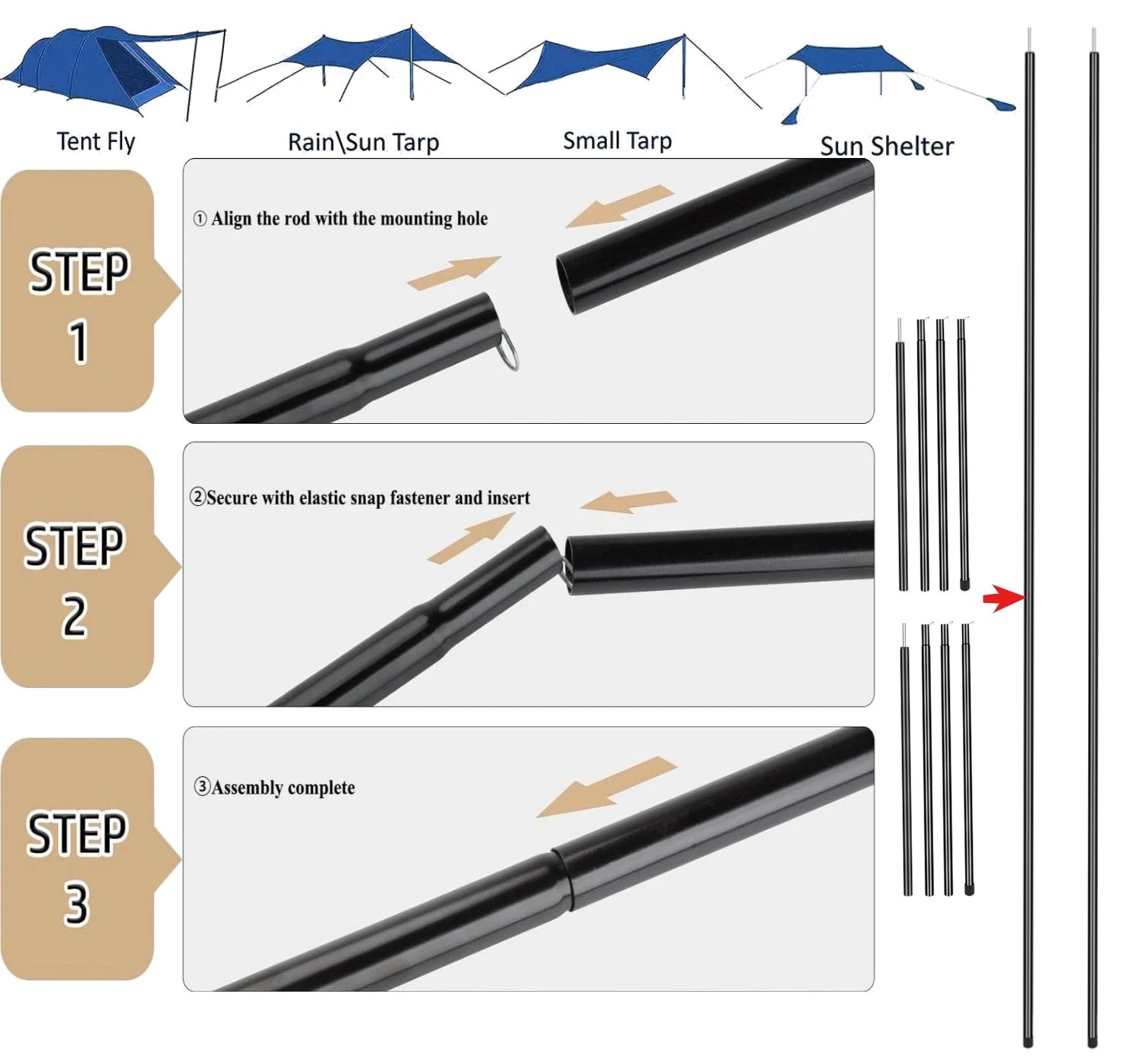 2m/1.9m Folding Tarp Pole Awning Rod Foldable Tent Pole Support Stand Pole Outdoor Camping Sun Shelter Sticks Tent Accessories Peaceful Pleasures Health and Wellness