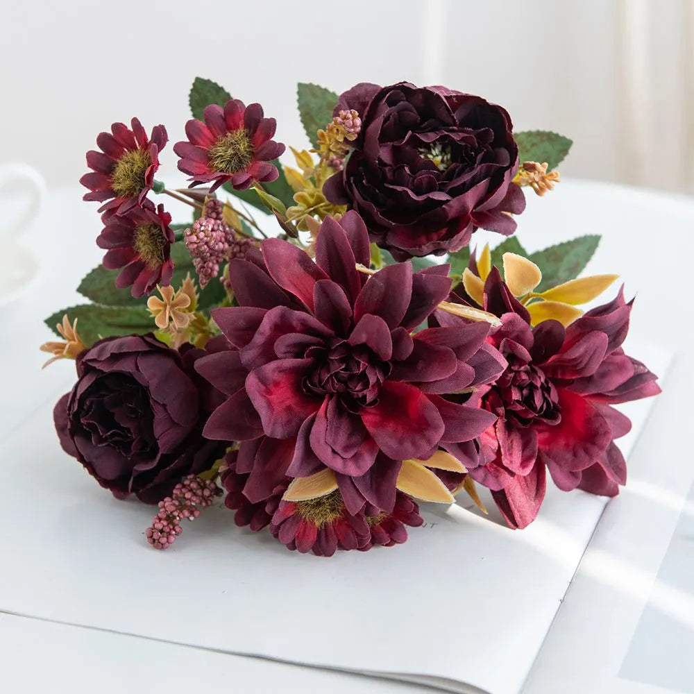 Silk Artificial Dahlia Rose Daisy Bouquet | Wedding & Party Decor