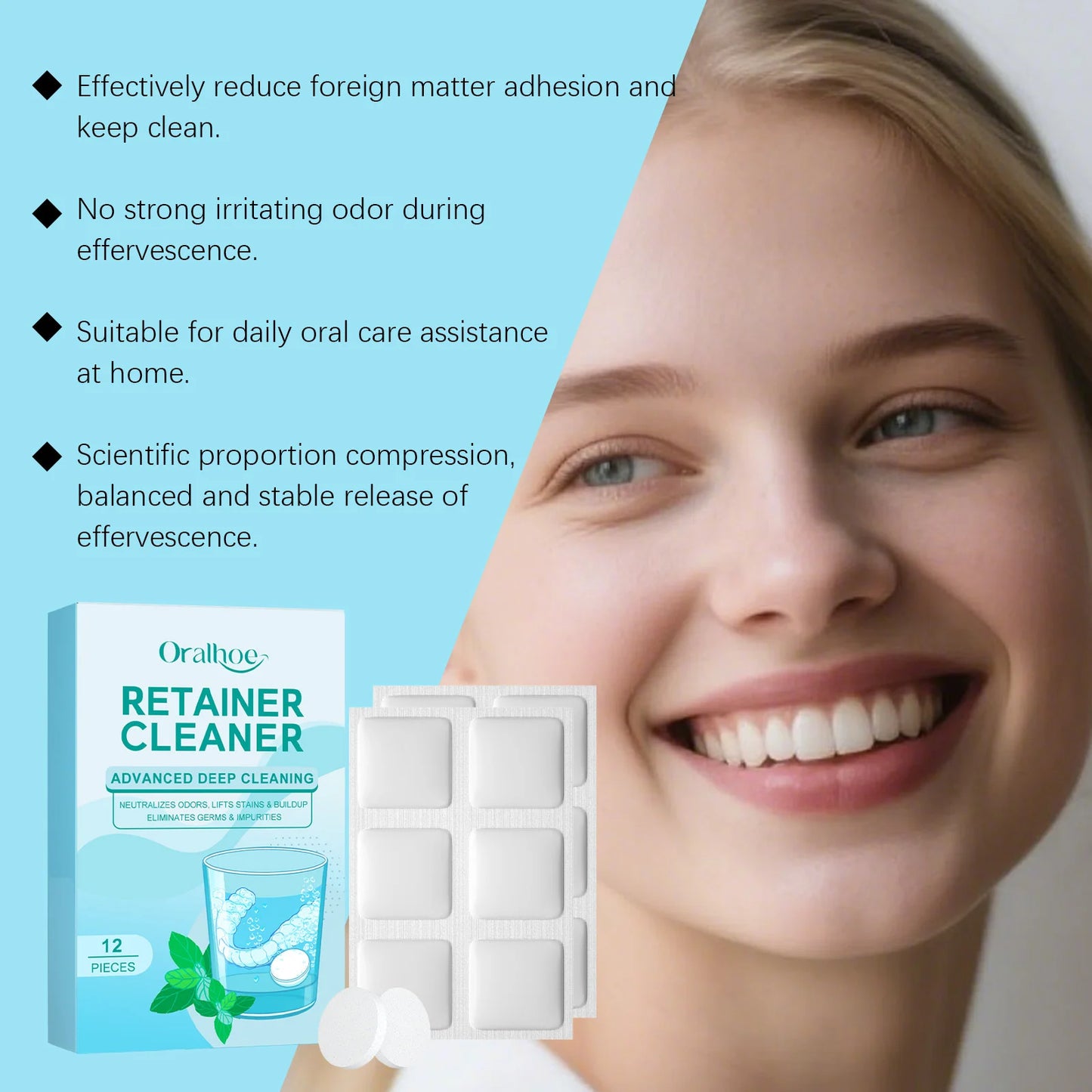 Denture Cleaning Effervescent Tablets Deep Cleansing Food Residue Removal Fresh Breath Antibacterial False Teeth Cleaning Care Peaceful Pleasures Health and Wellness
