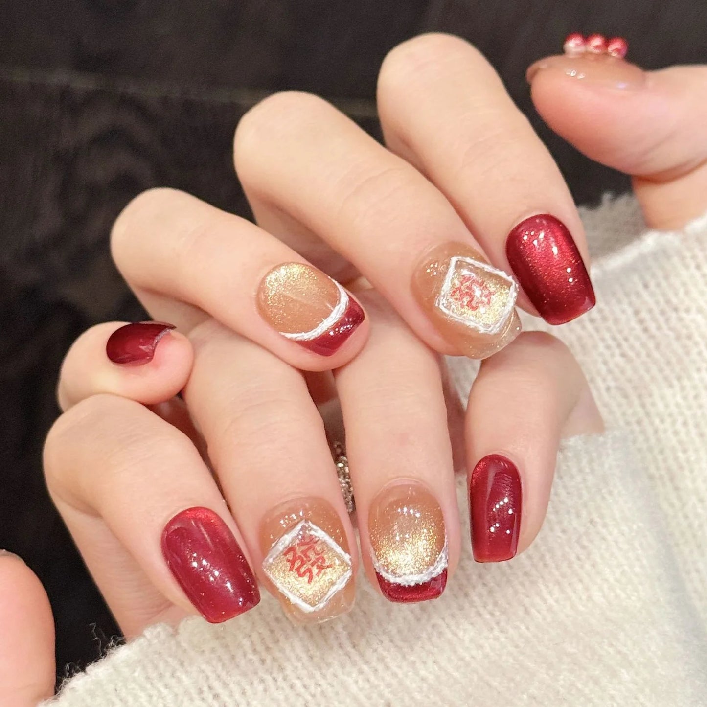 10pcs Handmade New Year Press on Nails 3D Decor Red Gold Cat's Eye Fake Nails Wearable Ins Sweet French False Nails Detachable Peaceful Pleasures Health and Wellness XS