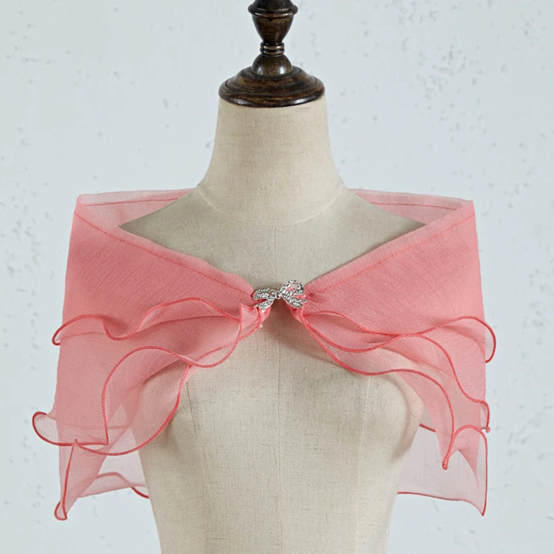 Women Vintage Layered Gauze Shawl Wrap Shrug Rhinestone Buckle Front Wedding Dress Cover Up Sexy Off Shoulder Ruffles Bolero New Peaceful Pleasures Health and Wellness Watermelon red One Size