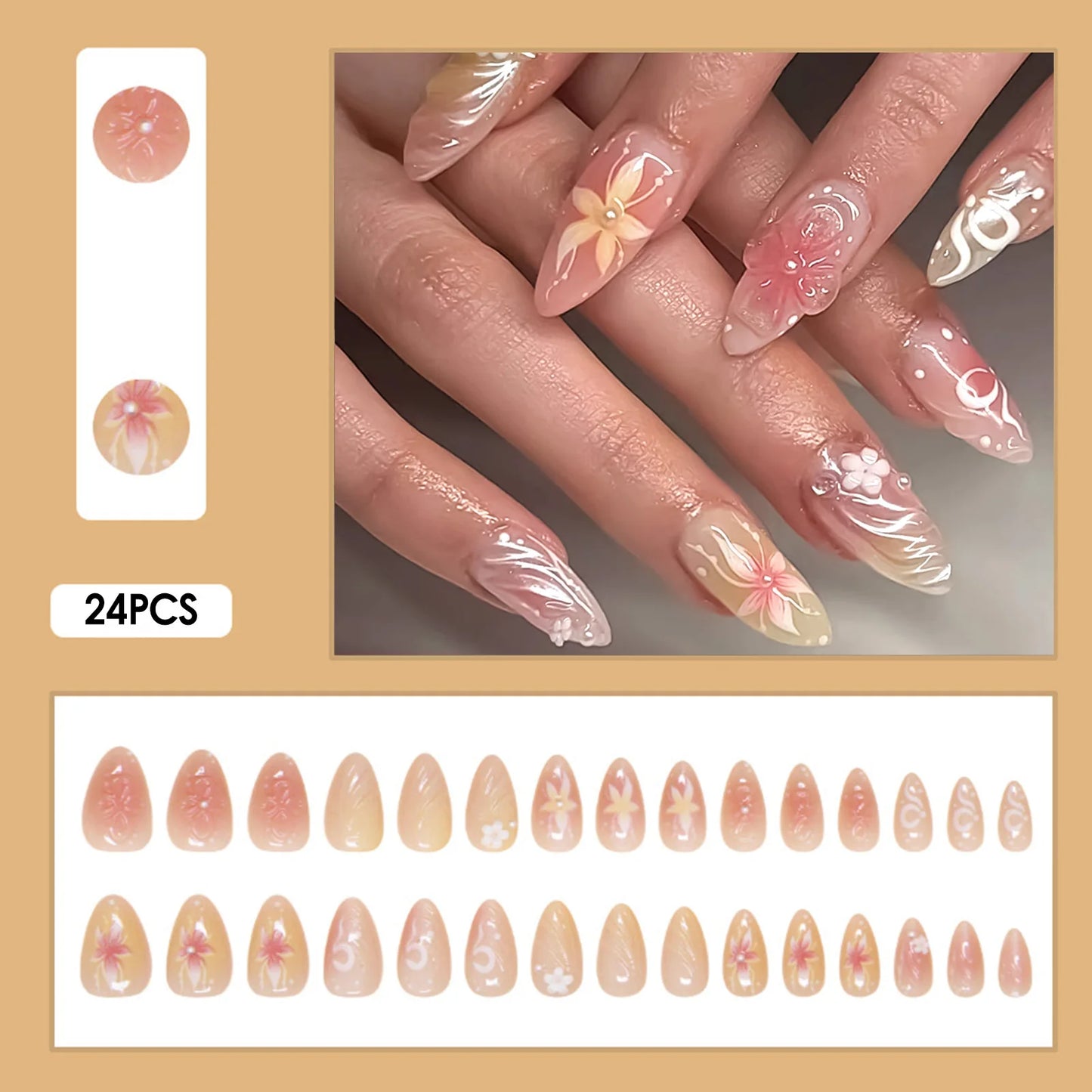 24PCS Blue Cat Eye False Nails Short Round Cute Press on Nails Wearable Full Cover Ins Flowers Pattern Fake Nail Tips for Girls Peaceful Pleasures Health and Wellness Z6