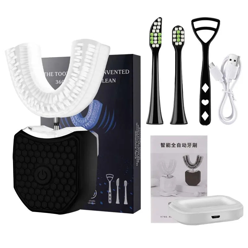 Teeth Whitening Light U-Shaped Sonic Wireless Toothbrush 360° Ultrasonic Lazy Automatic Adult Electric Silicone Toothbrush Kit Peaceful Pleasures Health and Wellness black