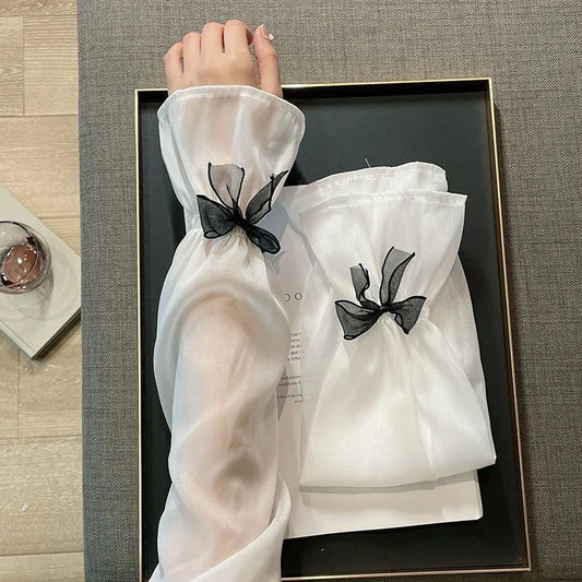 Women's UV Protection Bow Arm Sleeves | Ice Silk Sun Sleeves UV Arm Sleeves Peaceful Pleasures Health and Wellness WHITE
