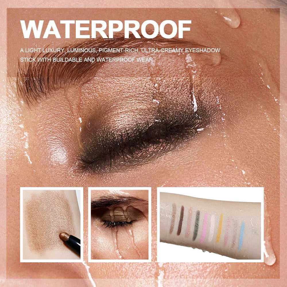 10-Color Glitter Eyeshadow Sticks – Waterproof, Long-Lasting Set