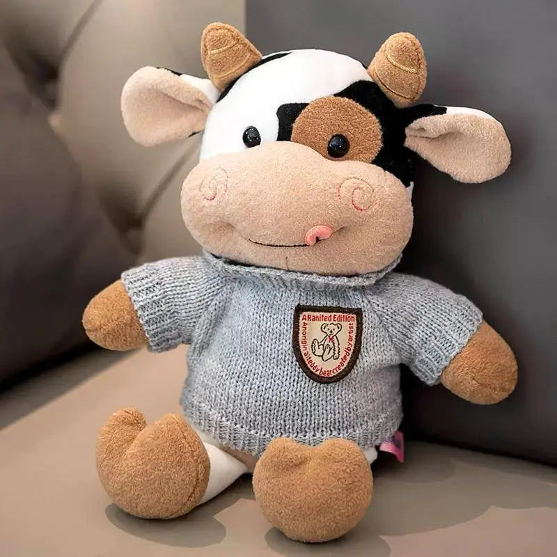 Cute Tongue Out Cow Plush Toy Removable Knit Sweater Stuffed Animal