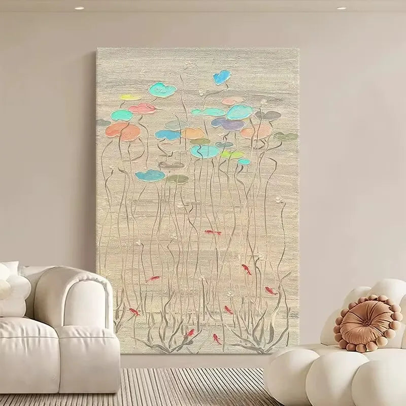 Lotus Pond Scenery Hand Drawn Oil Painting,Abstract Texture, Living Room Decoration Painting, Homestay Hotel Modern Art Painting Peaceful Pleasures Health and Wellness