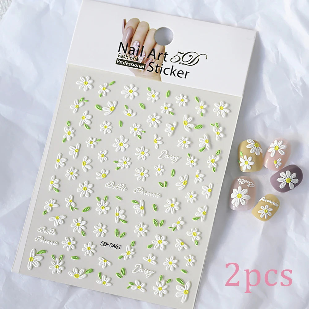 5D Embossed Daisy Nail Art Stickers – Spring Floral Decals 2pc