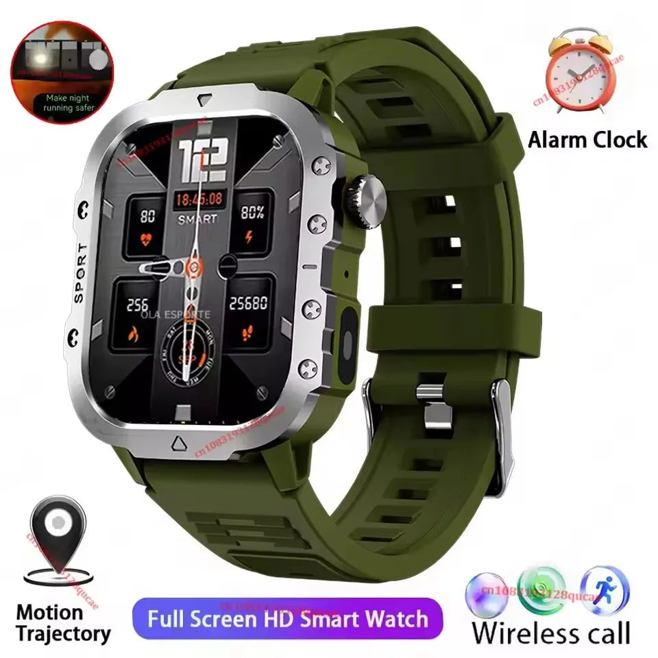 2026 New Military Outdoor Smart Watch Men's GPS Flashlight Bluetooth Call 2.01" AMOLED Screen 3ATM Waterproof Sports Smartwatch Peaceful Pleasures Health and Wellness Green Smartwatch