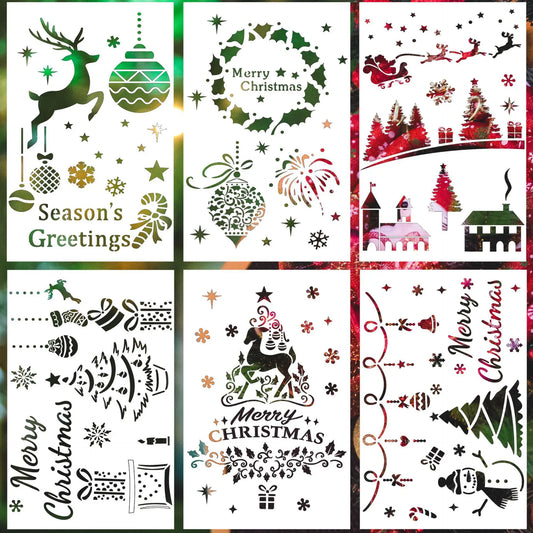 Christmas Themed Reusable PET Stencils Wall Spray Painting DIY Peaceful Pleasures Health and Wellness 6pcs