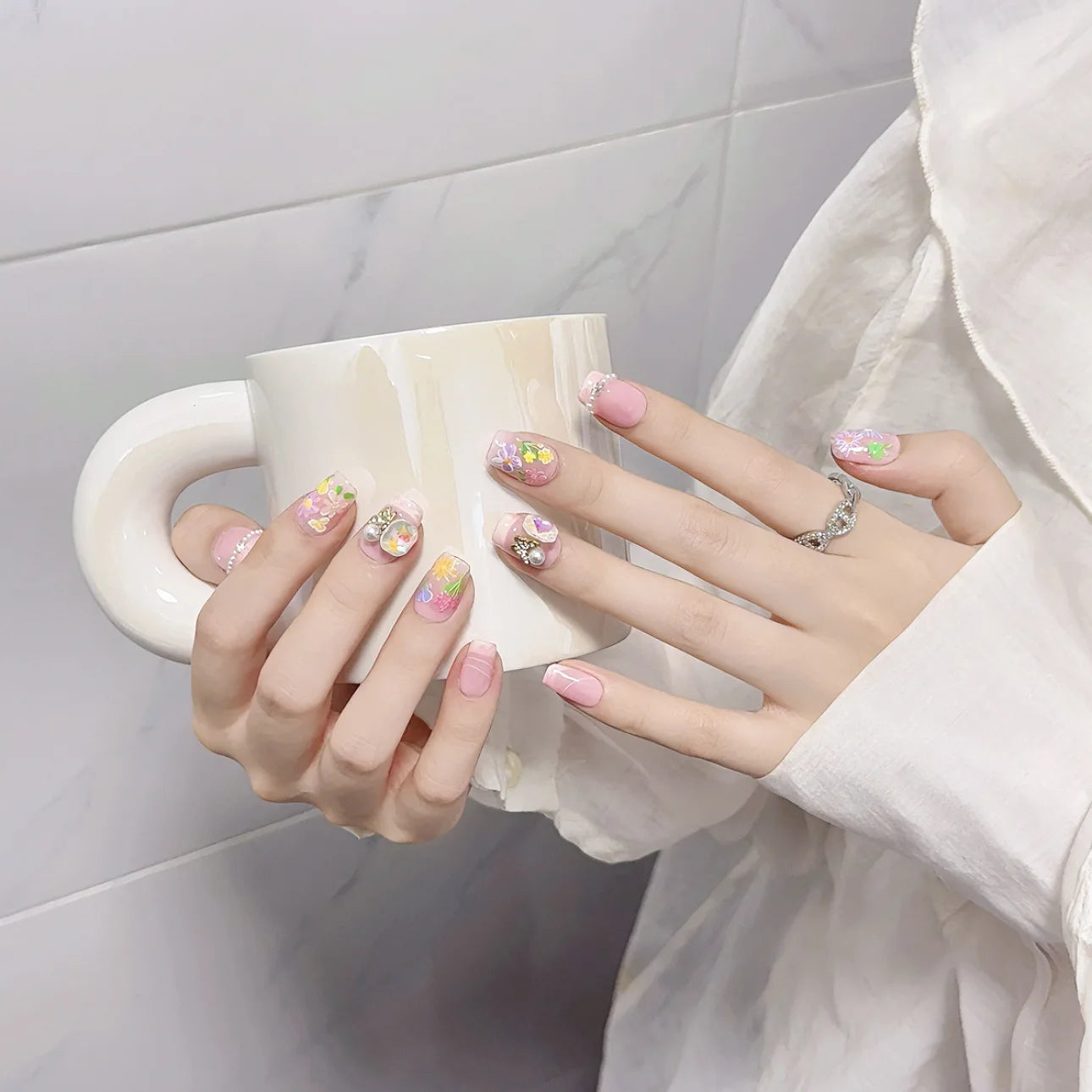 Handmade Press on Nails Short Pink French Fake Nail Tips for Women Girl Wearable Detachable Sweet Summer Flowers False Nails Peaceful Pleasures Health and Wellness