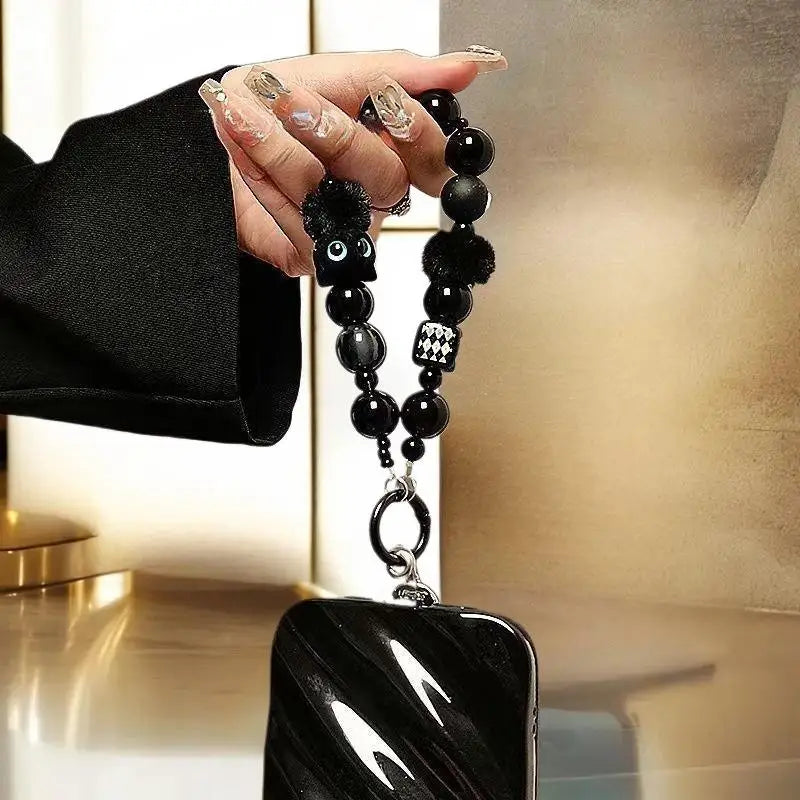 Black Plush Cat Beaded Wrist Strap Y2K Phone Lanyard & Key Charm