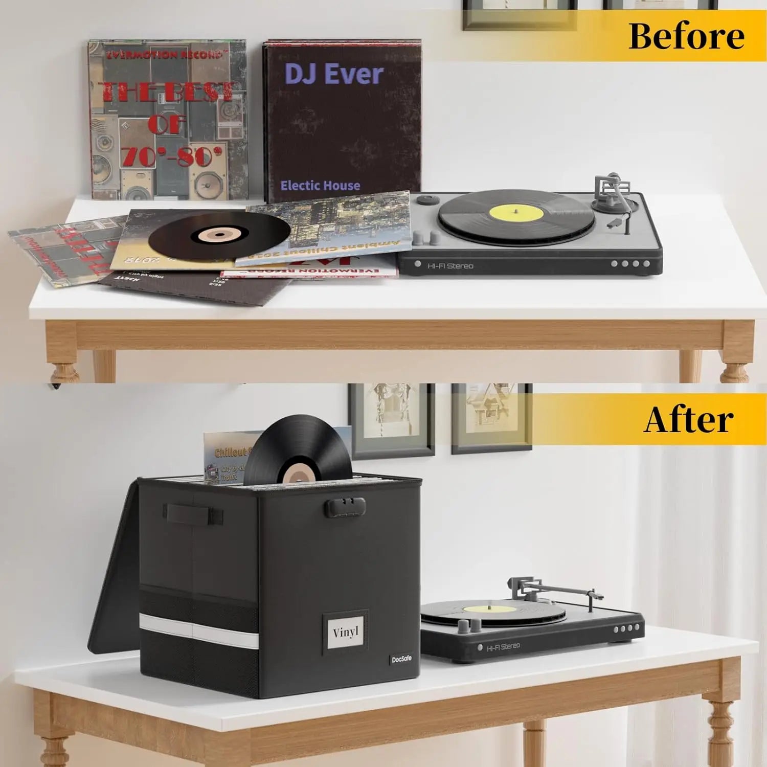 Before and after comparison of a turntable setup with vinyl records and storage box.