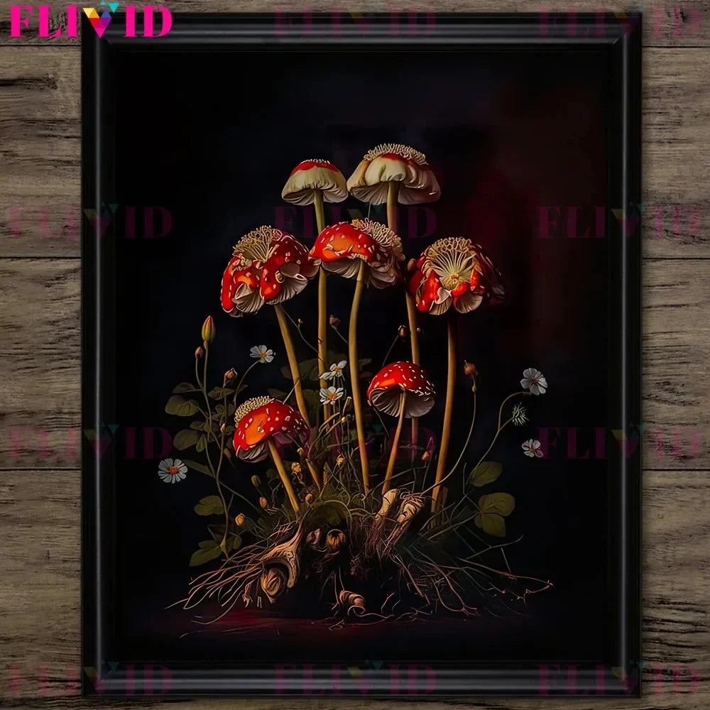 Dark Botanical Gothic Mushroom & Roses Canvas Wall Print