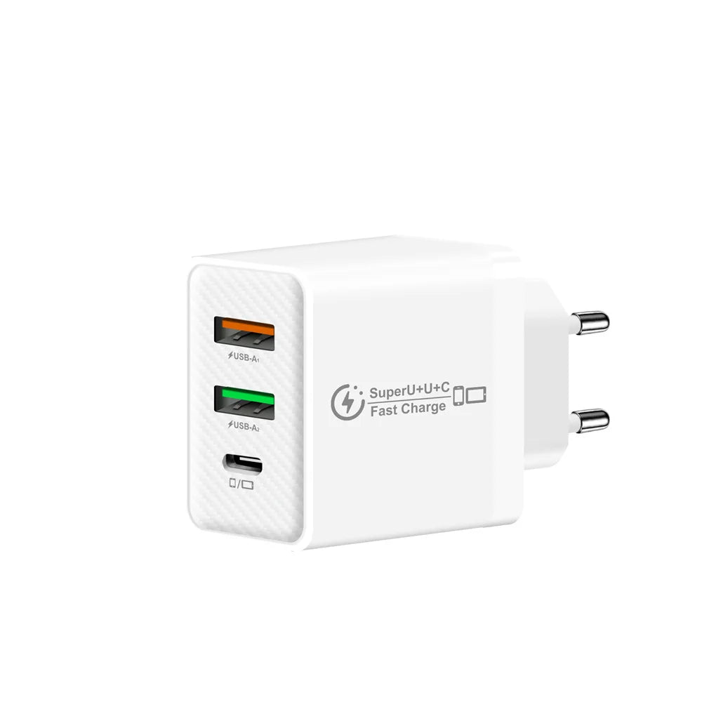 48W USB-C Fast Charger 3-Port PD QC3.0 Wall Adapter EU/US/UK