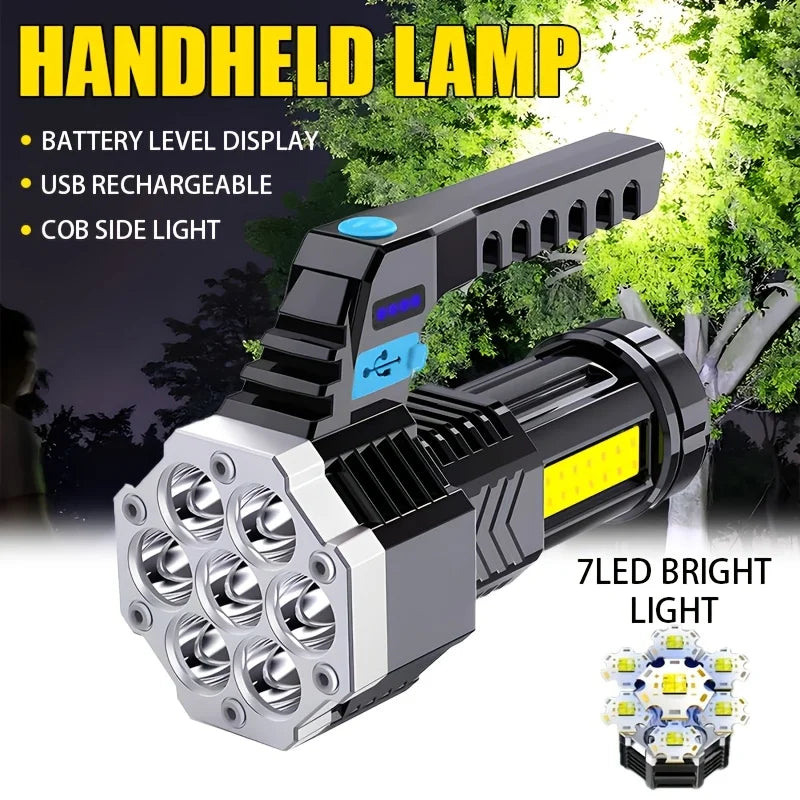 7 LED Rechargeable Camping Flashlight | COB Side Light & Solar