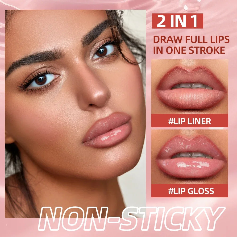 QIBEST Double Ended Mirror Lipgloss Lipliner Pen Lasting Water Light Lip Gloss 2 In 1 Makeup Matte Lipliner Pencil Contour Stick Peaceful Pleasures Health and Wellness