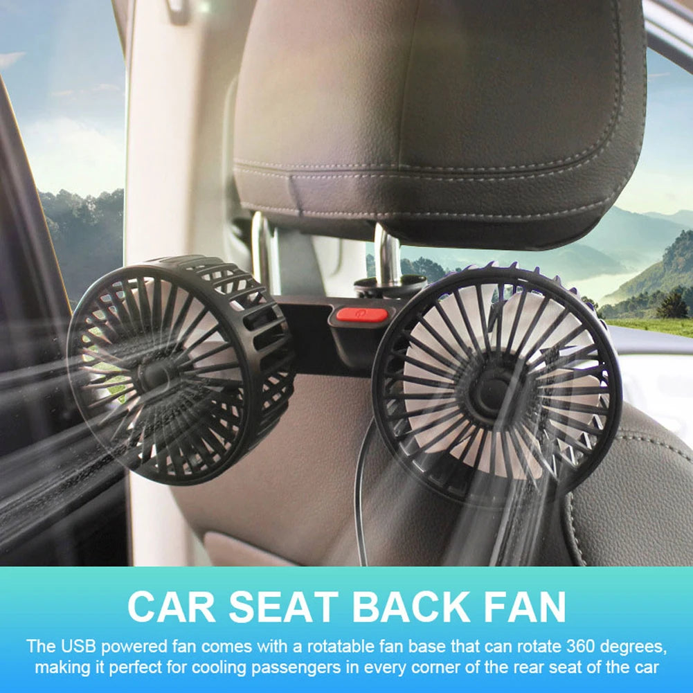 Car Fan 360° 3-speed Car seat Back Cooling Fan USB Charge Dual Head Fan Adjustable Rotation Neck Cooler for Car Home Accessories Peaceful Pleasures Health and Wellness