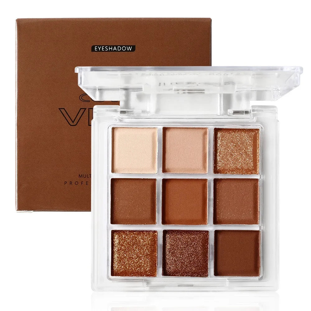 9-Color Red Brown Glitter Eye Shadow Palette | Shimmer & Matte