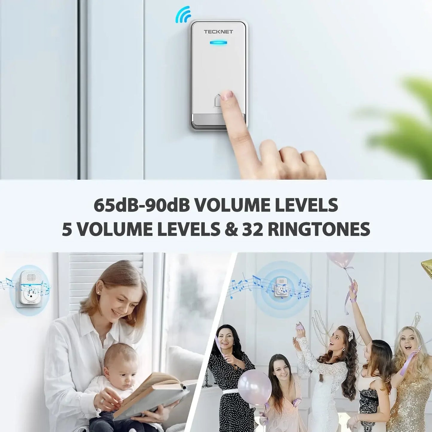 Wireless Doorbell with Plug-through Socket, IP66 Waterproof, 1300ft Range, 60 Ringtones & Adjustable Volume for Home Use Peaceful Pleasures Health and Wellness