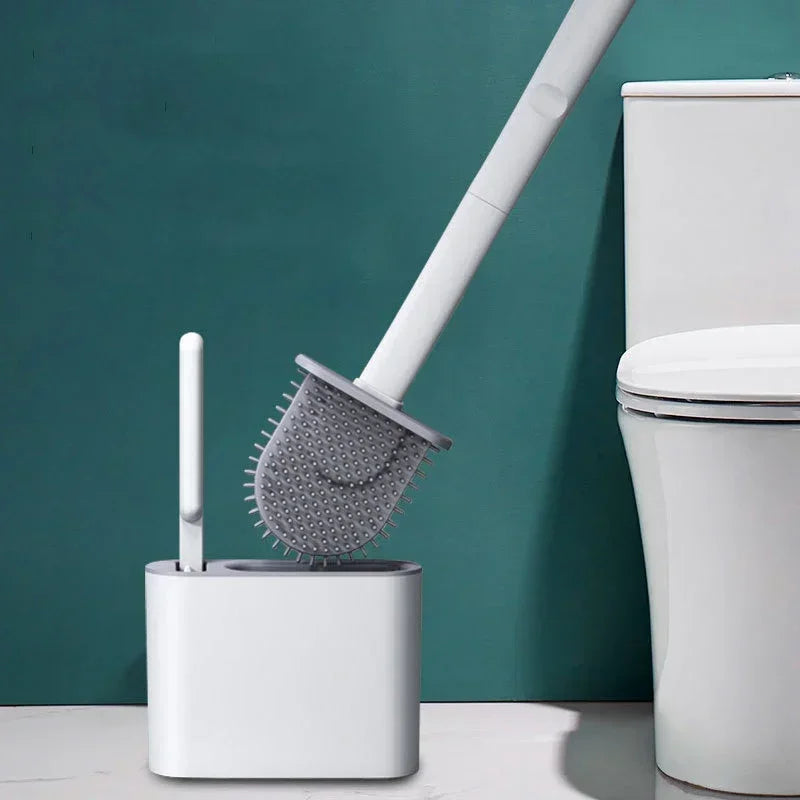 Silicone Toilet Brush & Wall-Mounted Holder Set | Flat Head