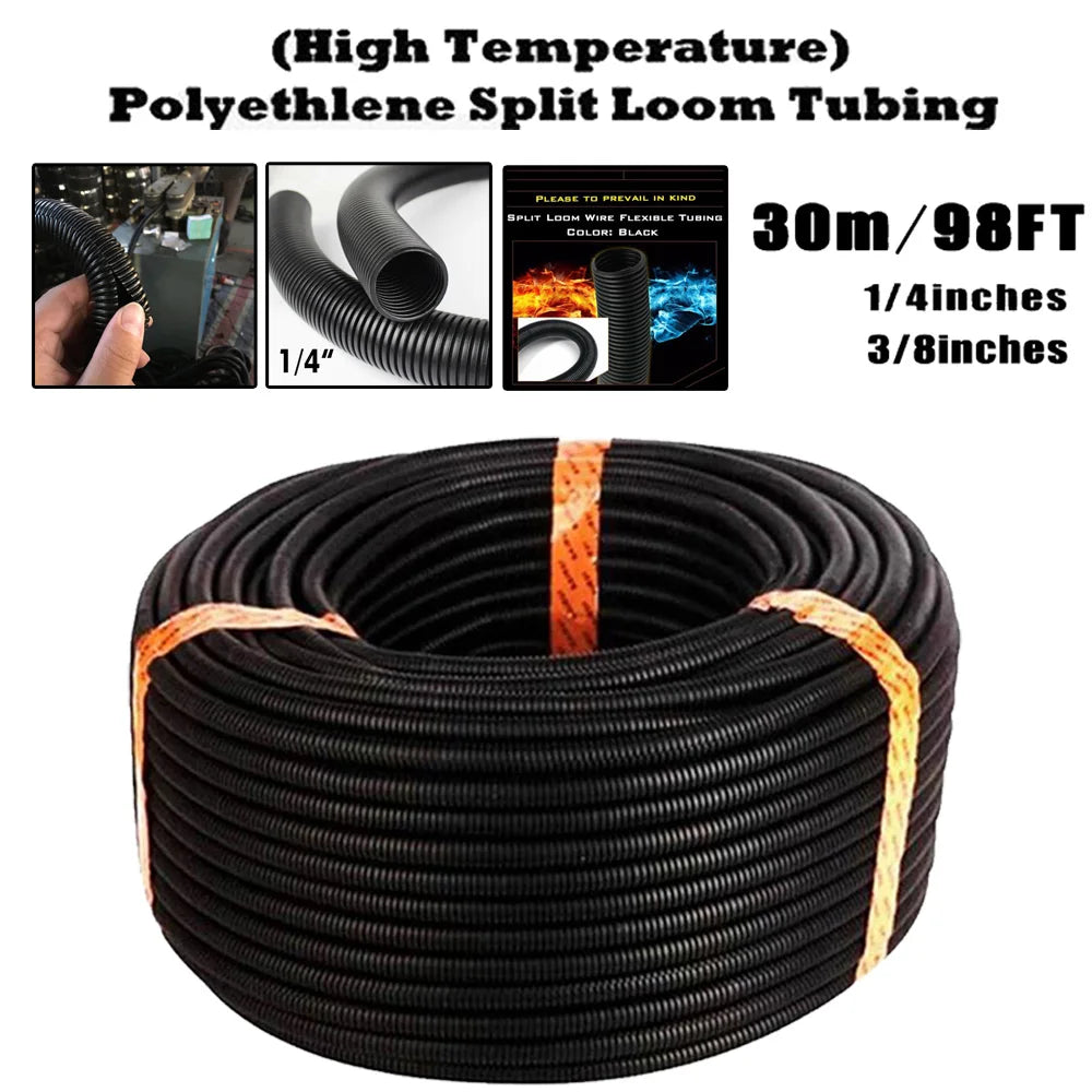 30m Corrugated Split Loom Tube 1/4" & 3/8" Cable Protector