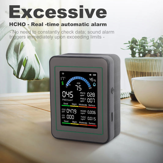 10-in-1 Indoor Air Quality Monitor Color LCD Screen PM2.5 PM10 CO2 Formaldehyde TVOC Temperature Detector Smart Home Office Peaceful Pleasures Health and Wellness