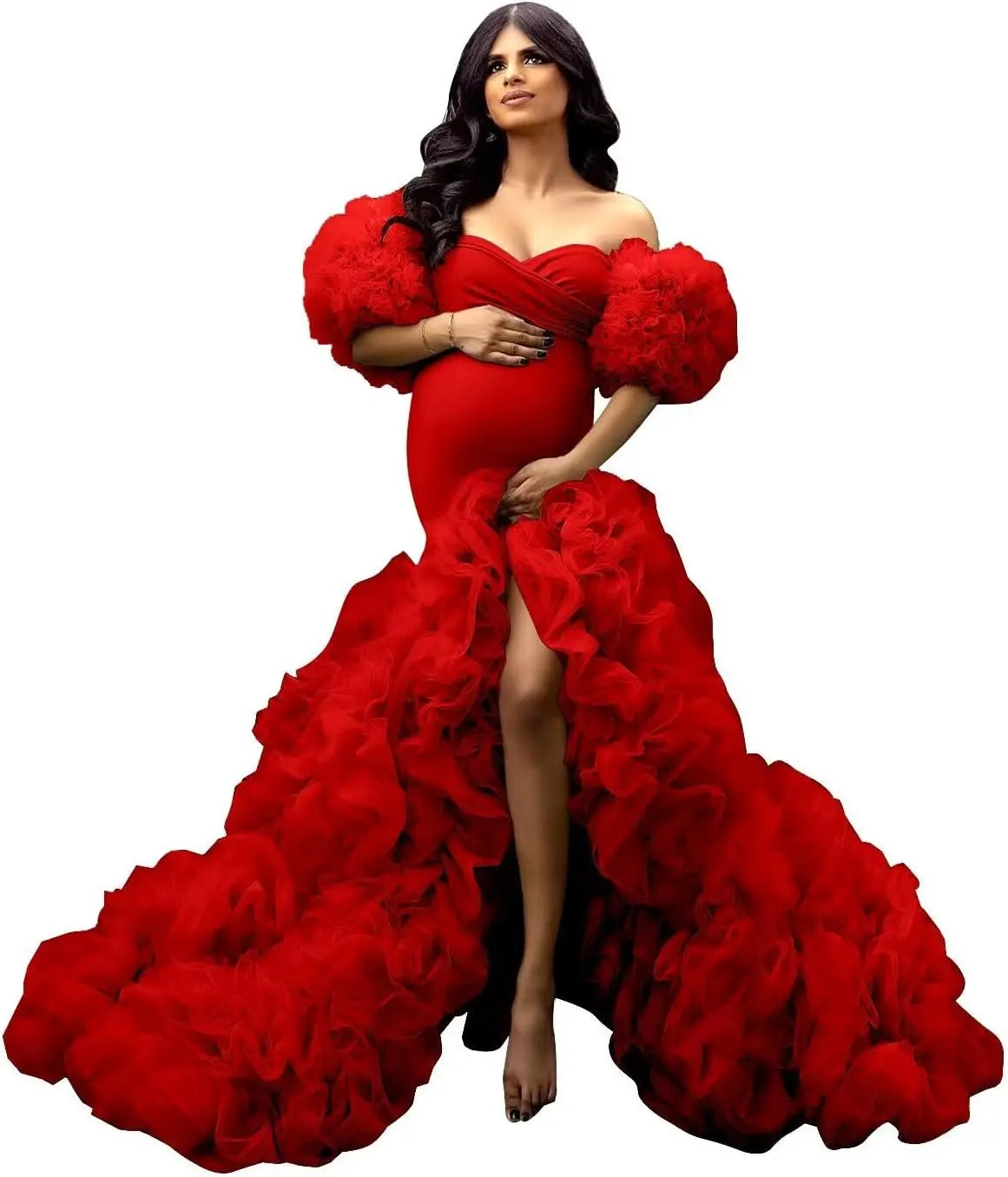 Soft Tulle Mermaid Maternity Gown - Off Shoulder Puffy Slit for Baby Shower & Pregnancy Photoshoot Dresses платье для беременных Peaceful Pleasures Health and Wellness RED US 4