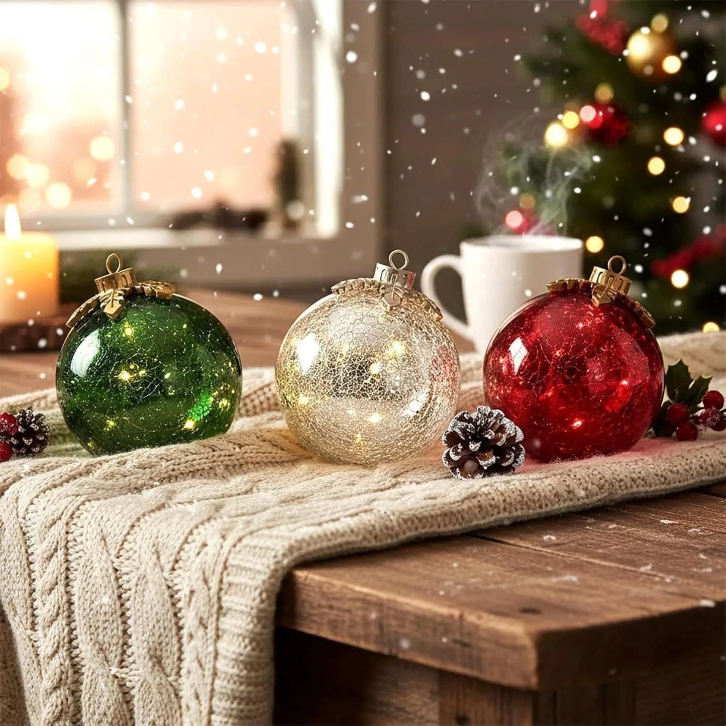 LED Christmas Globe Ornaments Set of 3 | Crackle Ball Table Decor