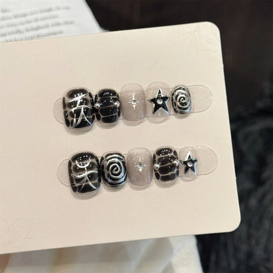 10pcs Short Handmade Sweet Punk Style Press on Nails Hand-Painted Embossed Stars Fake Nails Decor Wearable Ins False Nails Tips Peaceful Pleasures Health and Wellness XS