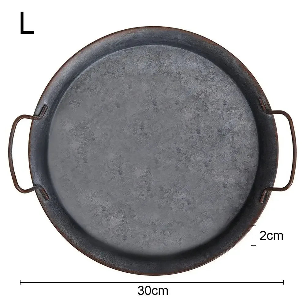 High quality Metal Bread Tray With Handle Old Iron Home Decor Tableware Plate with handle round tray for food & home photo prop Peaceful Pleasures Health and Wellness