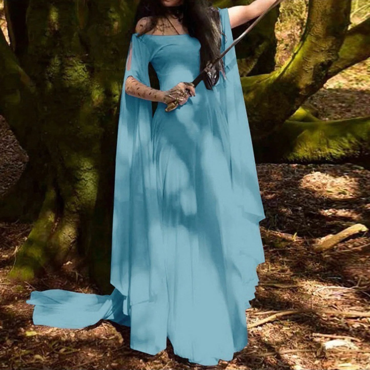 Women Halloween Dress Retro Cosplay Vintage Party Club Elegante Solid Off Shoulder Dress Maxi Funny Halloween Elf Dress Peaceful Pleasures Health and Wellness Light blue XXL
