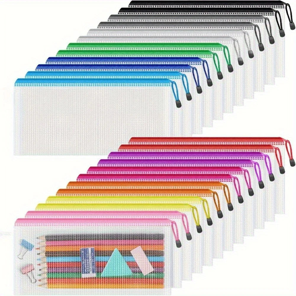 24-Pack Mesh Zipper Pencil Pouches – 12 Colors, Bulk Travel Set