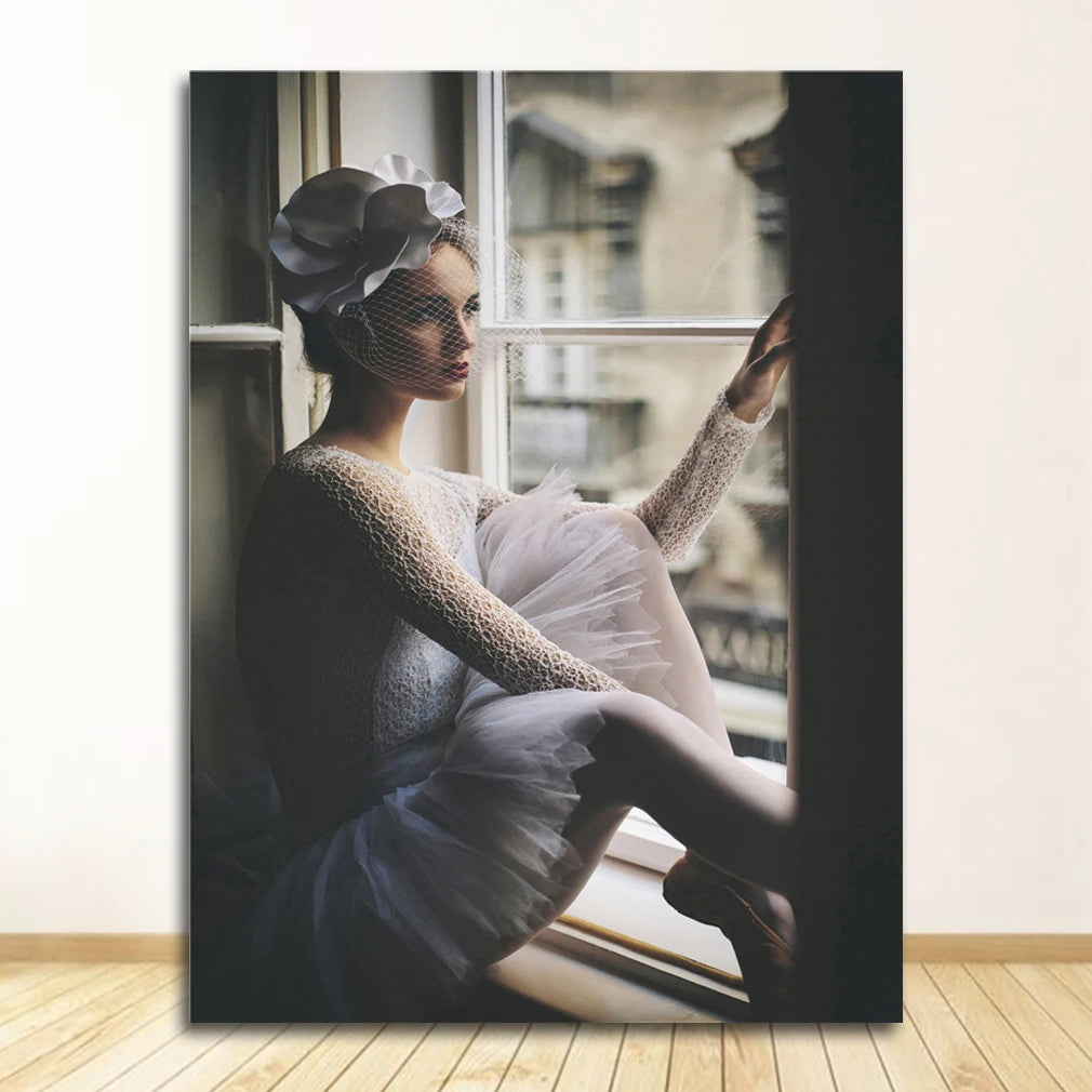 Pink Peony Floral Girl Footprints Canvas Wall Art Unframed