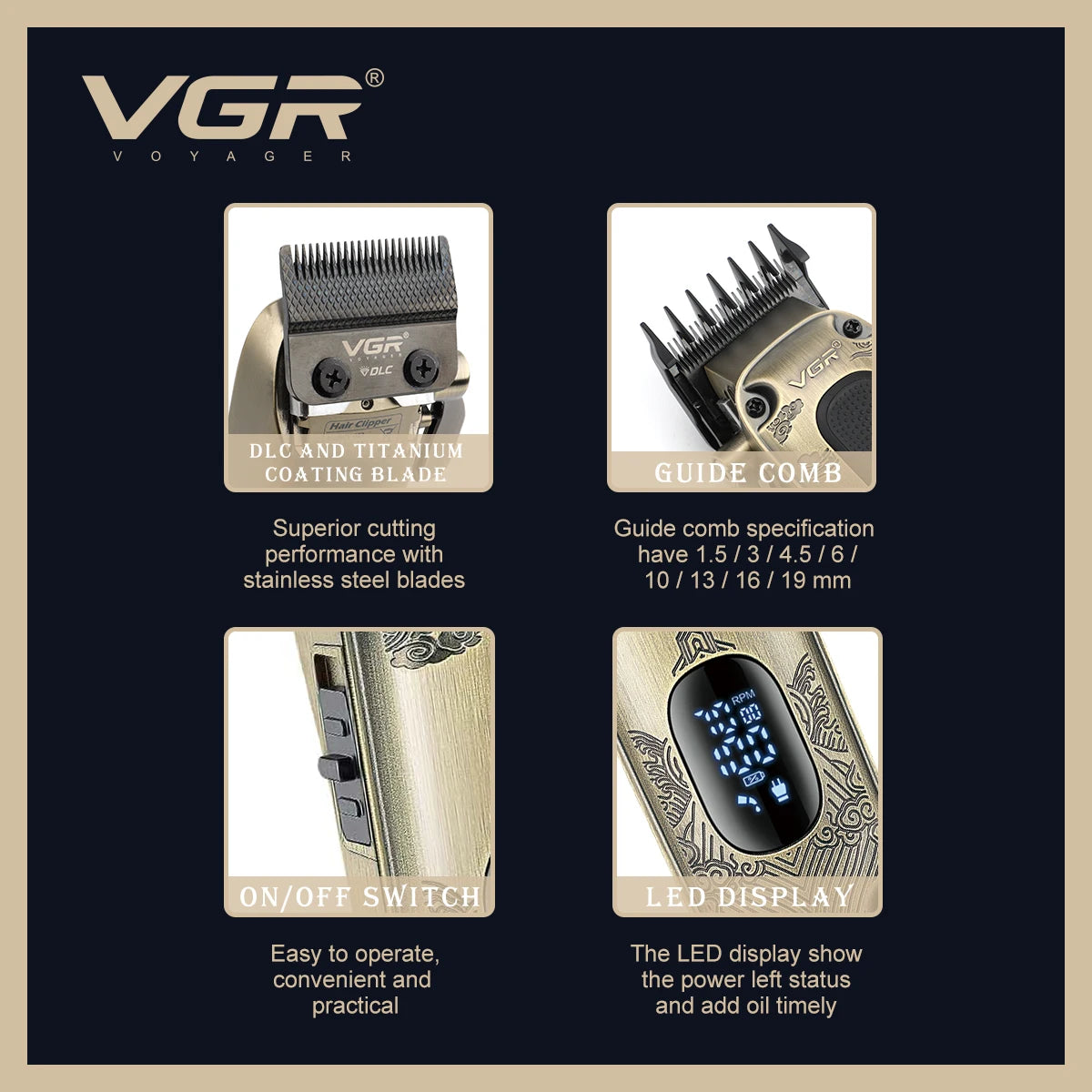 VGR new metal retro hair clipper intelligent LED digital display powerful power hair trimmer hair salon home push shear V-027 Peaceful Pleasures Health and Wellness