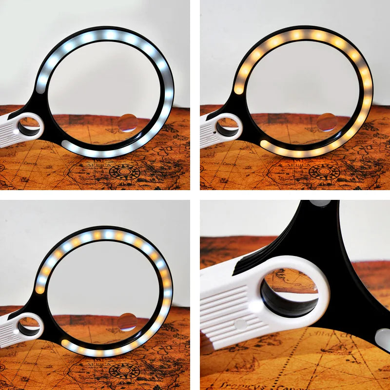Magnifier Charging Tri Color Led Light Brightness Adjustment 135Mm Large Lens Handheld Magnifying Glass 5-10 X Peaceful Pleasures Health and Wellness
