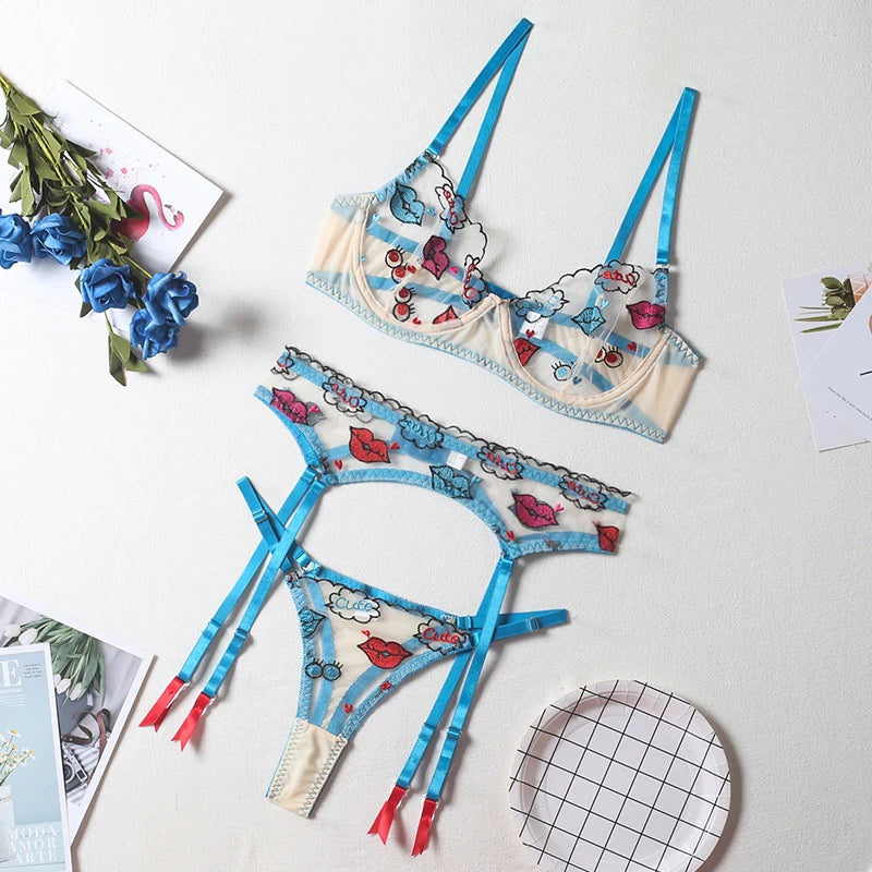 Women's Lip Print 3-Piece Lingerie Suspender Set | Cute Style