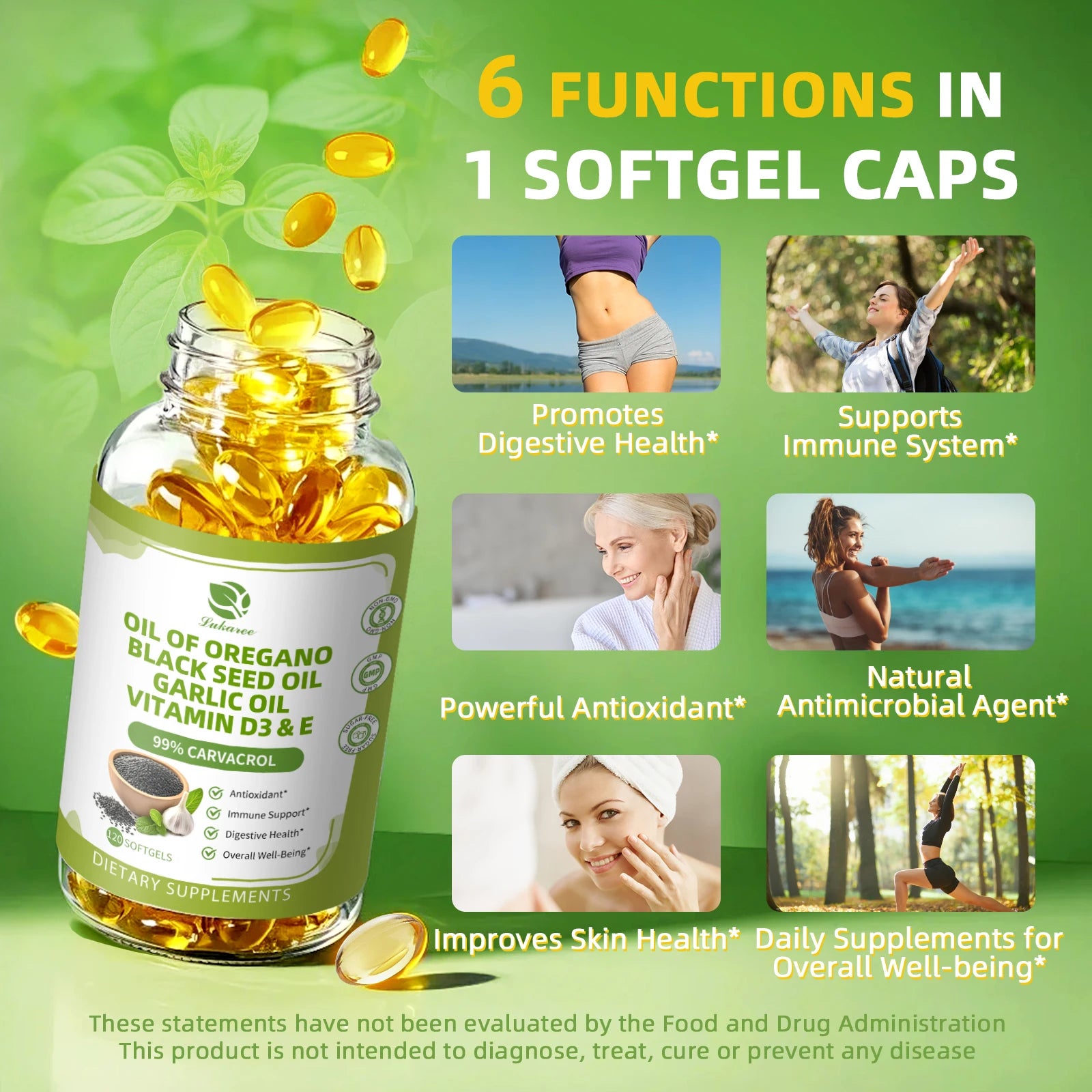 Oregano Oil Capsules 6-in-1 with Black Seed, Garlic & Vitamin D3 Peaceful Pleasures Health and Wellness