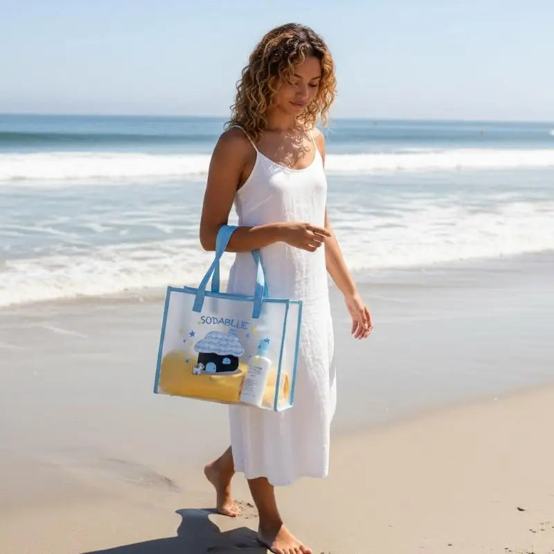 Blue Printed PVC Tote Bag – Waterproof Summer Shopper for Women