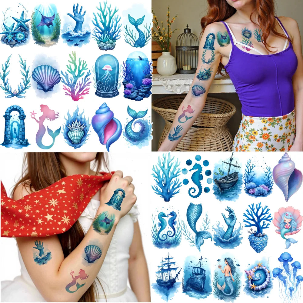 63-Piece Watercolor Ocean Temporary Tattoos – Ships & Seahorses