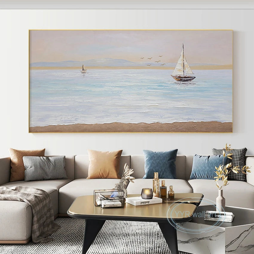 Living Room Decor Sea View Image Sofa Salon Modern Poster Handmade Canvas Oil Painting Wall Art Picture Abstract Aesthetic Mural Peaceful Pleasures Health and Wellness