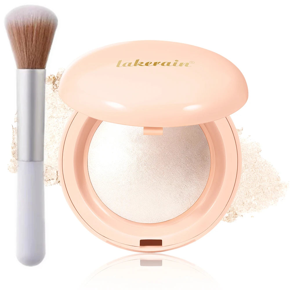 Baked Shimmer Highlighter Powder With Brush Waterproof Long Lasting Face Glow Illuminator Natural Contouring Glitter Makeup Peaceful Pleasures Health and Wellness 2Cool Champagne
