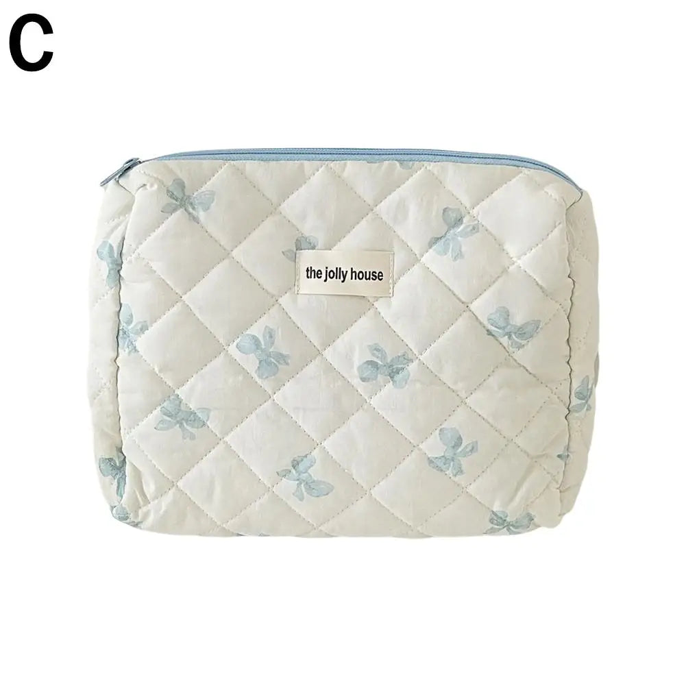 Quilted Makeup Bag 3 Sizes Floral Toiletry Cosmetic Pouch Makeup Organizer Travel Floral Bag for Bridesmaid Gifts, Daily Use Peaceful Pleasures Health and Wellness blue-M