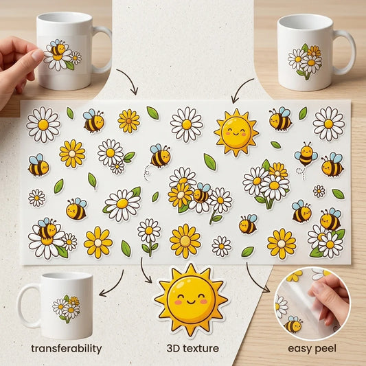 Bee & Daisy UV DTF Waterproof Stickers – DIY Decals for Cups Craft Sticker Decals Peaceful Pleasures Health and Wellness