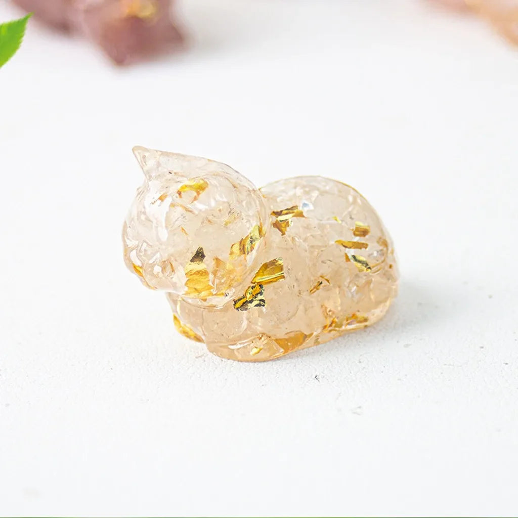 Crystal Chip Epoxy Lying Cat Figurine | Desk Decor & Gift